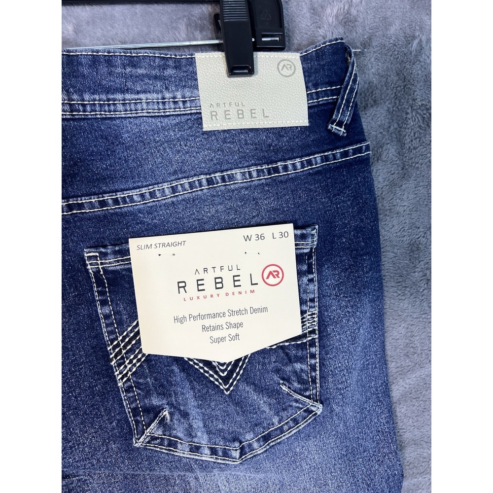 Artful Rebel Mens Slim Straight Leg Jeans Medium Wash Blue Denim 36W 30L NEW - Picture 12 of 16